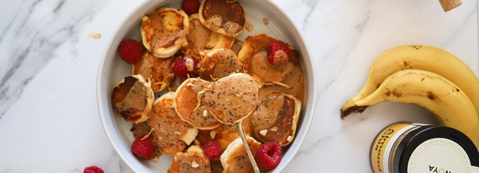 Mini-Surprise Banana Pancakes with Nut Butter Drizzle